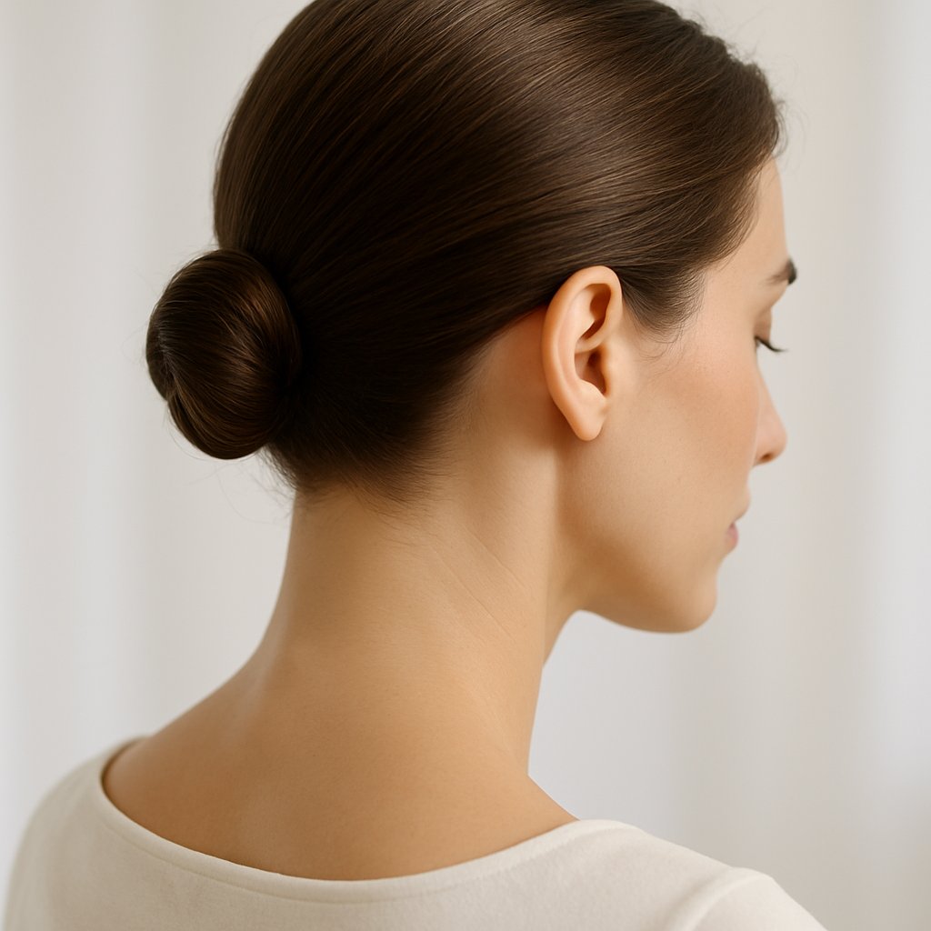A woman seen from behind with her neck clearly visible and hair styled to avoid volume at the crown.