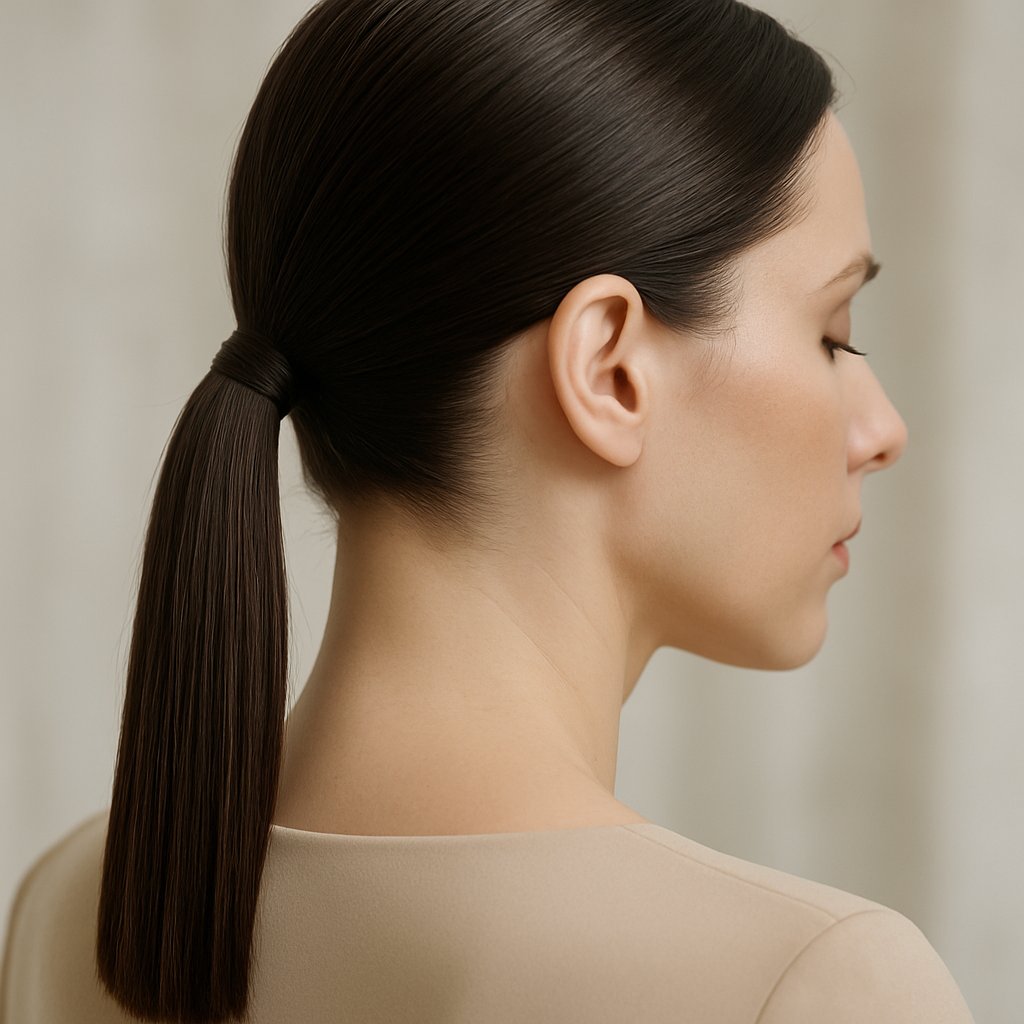 Close-up of a woman with a sleek, flat ponytail tightly pulled back, showing her neck from the side and back.