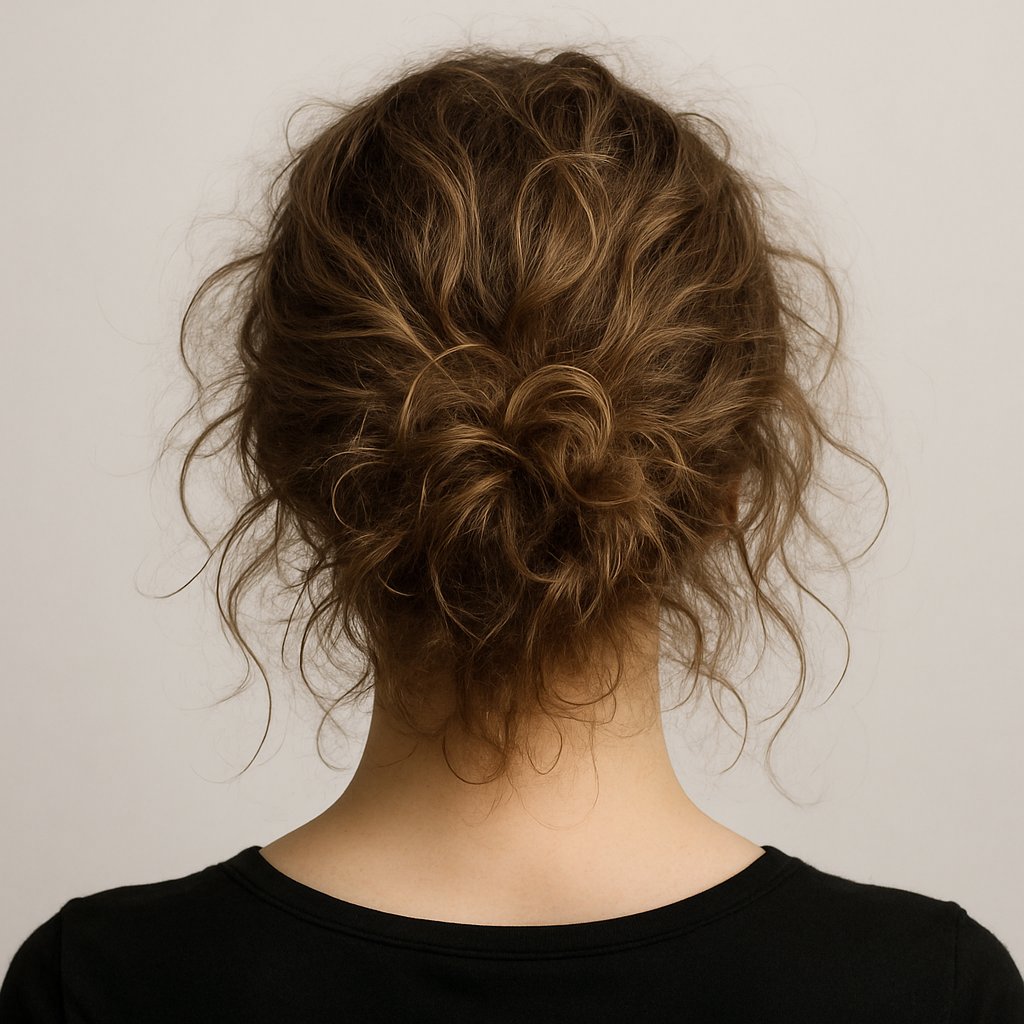 Woman shown from behind with messy waves of hair piled at neck height, creating a congested look around the neck.
