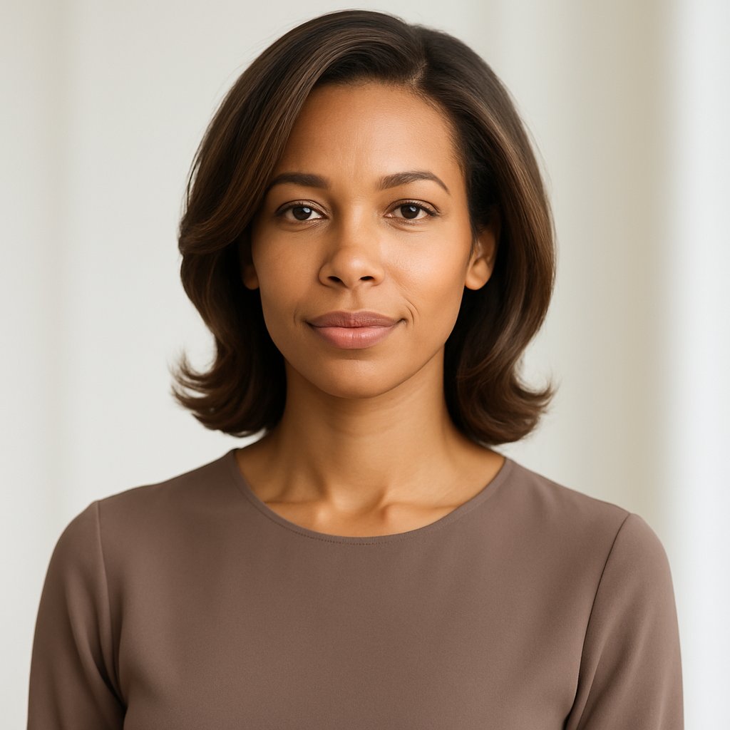 A woman with medium-length hair standing against a neutral background, looking confident and poised.