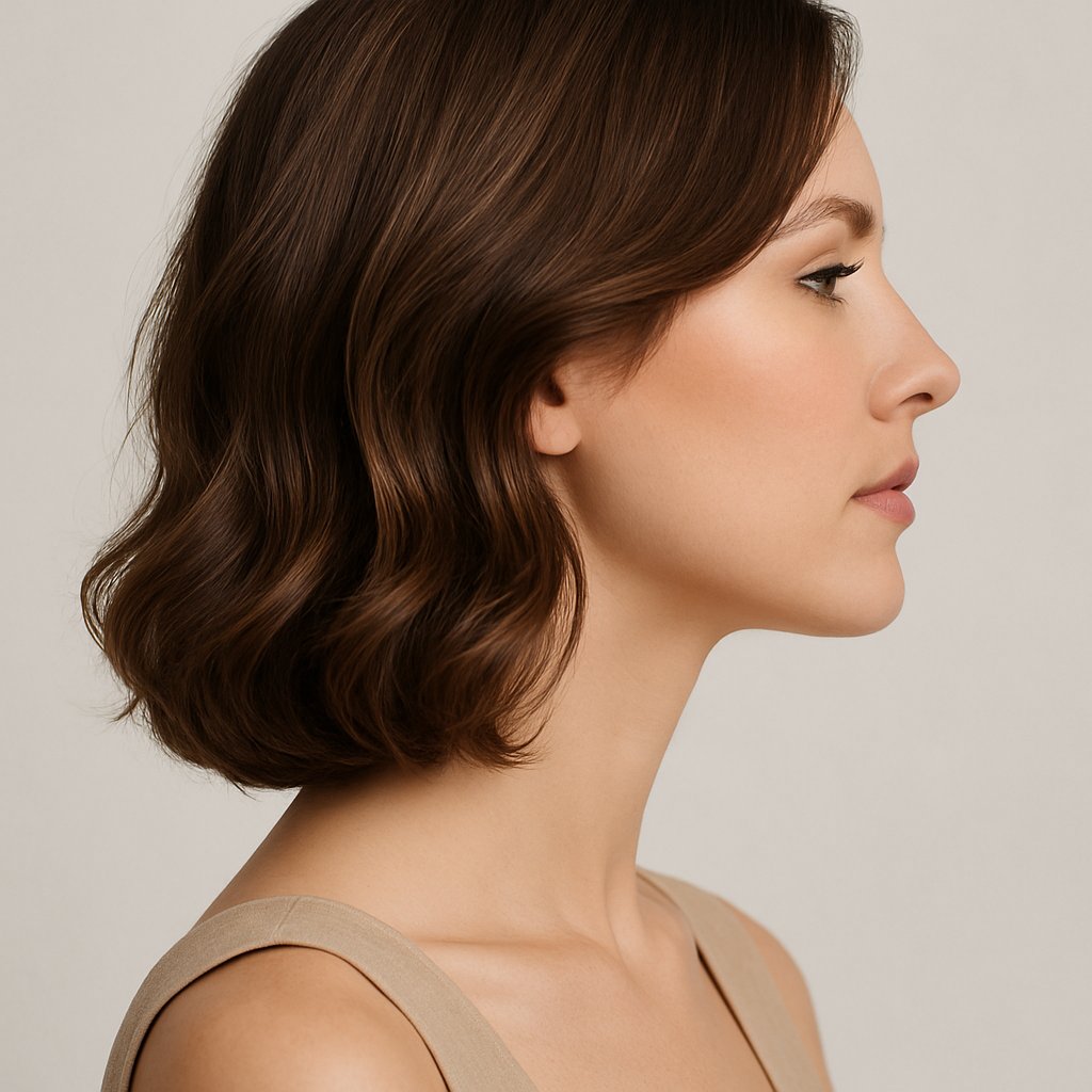 A woman with medium-length wavy hair styled loosely around her neck, showing the natural curve of her neck against a plain background.