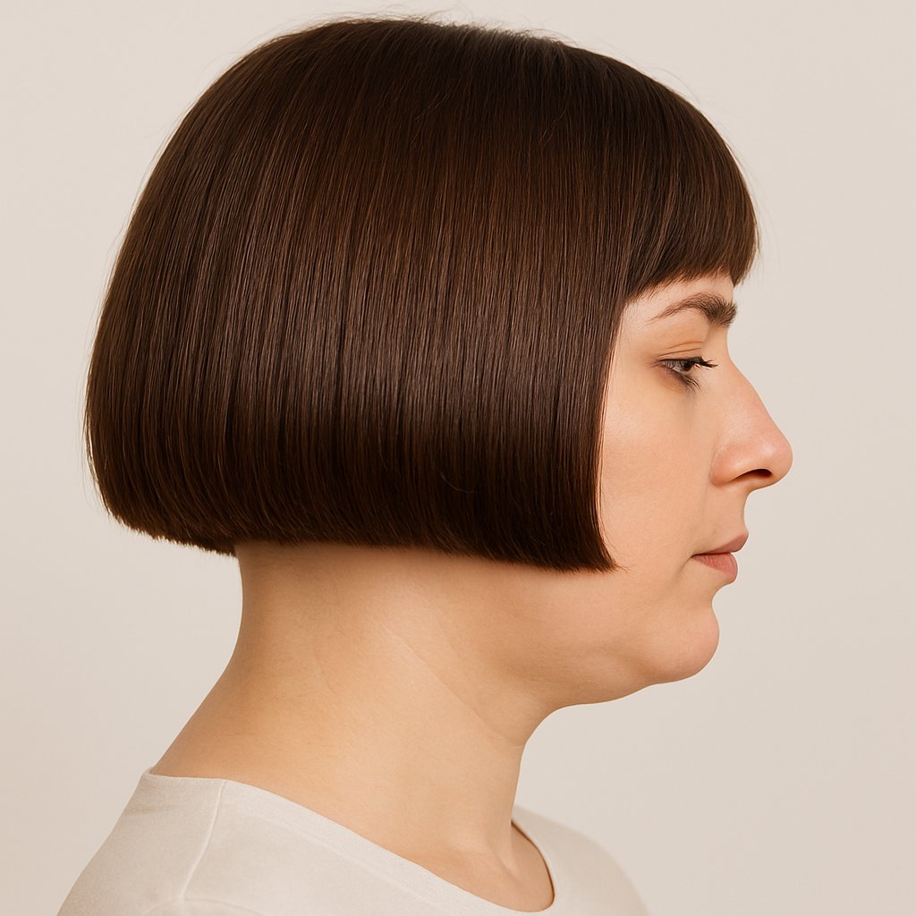 A woman with a blunt bob haircut that ends at the nape of her neck, showing a short neck.