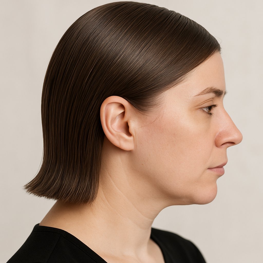 A woman with tightly brushed hair that flattens and shortens the appearance of her neck, shown from the shoulders up.