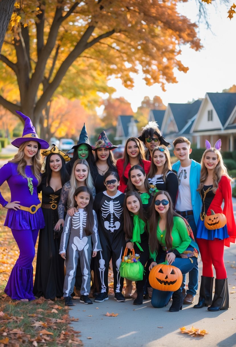 A group of 15 friends in various Halloween costumes standing together outdoors on a fall day, smiling and posing for a photo.