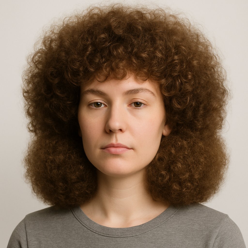 A woman with voluminous curls around her neck, viewed from the shoulders up.