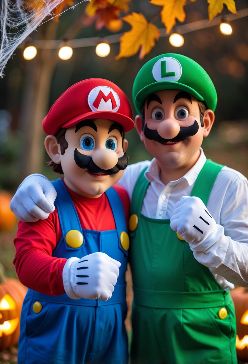 Two adults dressed as Mario and Luigi standing together smiling in a Halloween setting with pumpkins and fall decorations.