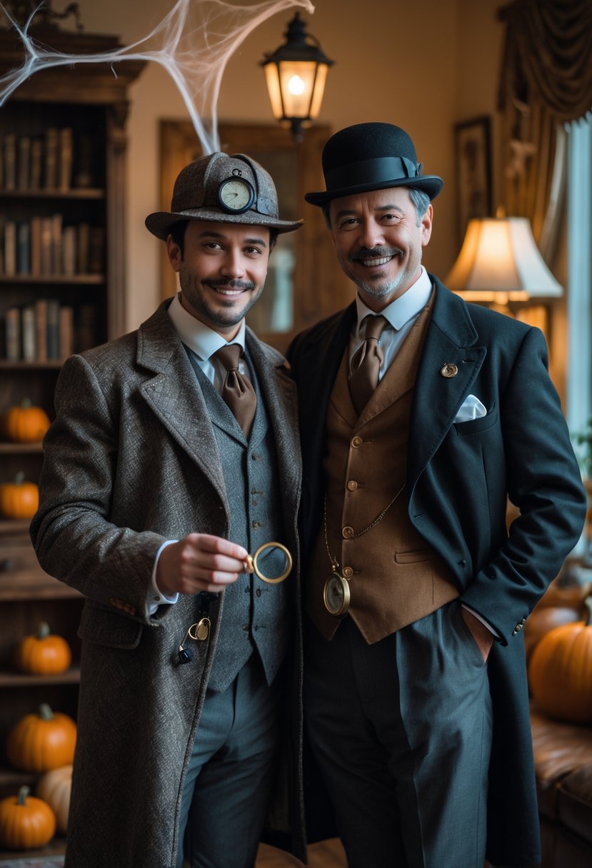 Two adults dressed as Sherlock Holmes and Dr. Watson in Halloween costumes standing together in a cozy room decorated with pumpkins and cobwebs.