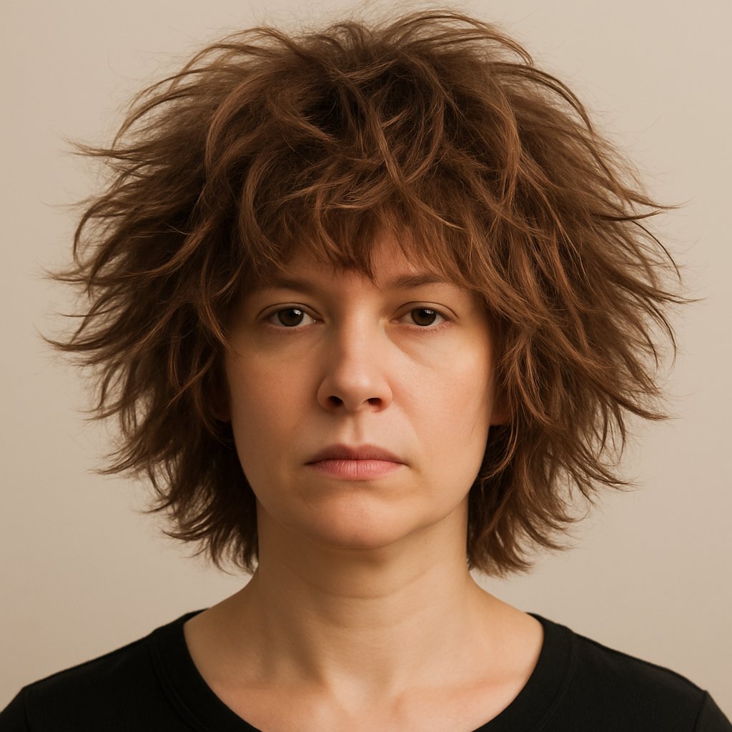 A woman with choppy layered hair around her neck, creating a tangled and uneven look.