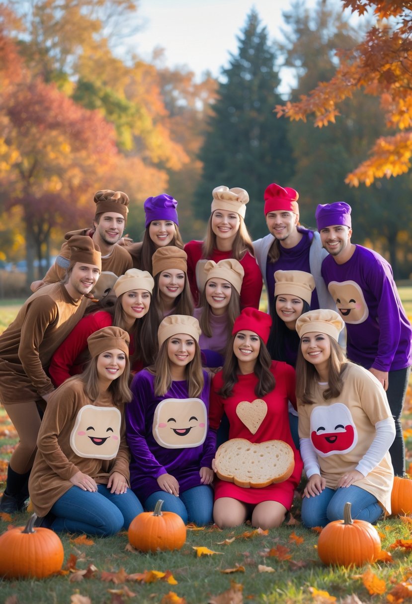 Fifteen friends outdoors wearing peanut butter and jelly-themed Halloween costumes, smiling and posing together with autumn leaves and pumpkins around them.