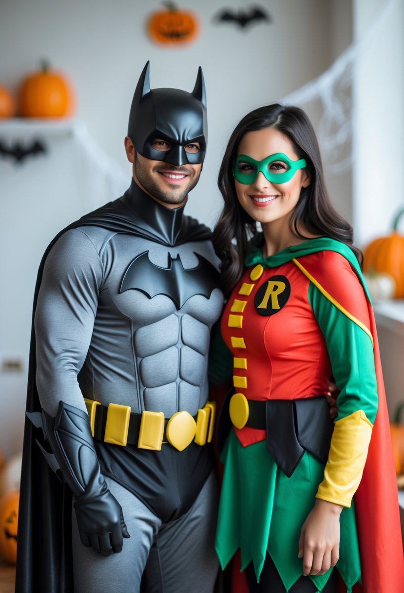 Two people dressed as Batman and Robin in Halloween costumes standing side by side and smiling.