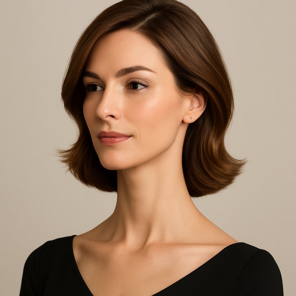 A woman with smooth, flowing hair posing to show her elongated neck against a plain background.