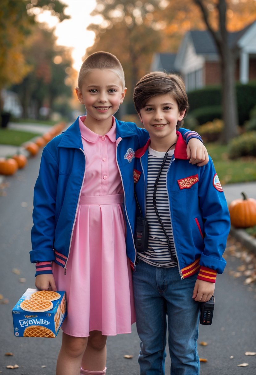 Two children dressed as Eleven and Mike from Stranger Things standing together outdoors on a Halloween-decorated street.