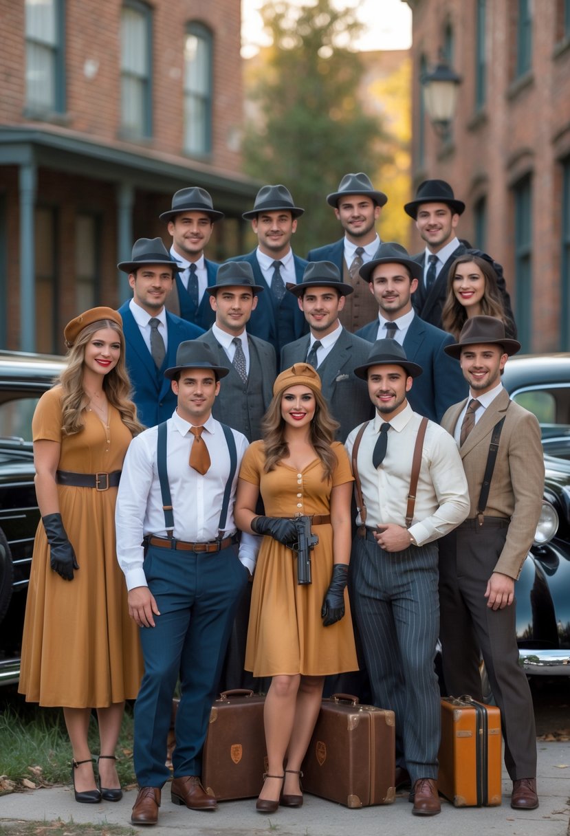 A group of 15 friends dressed as Bonnie and Clyde in vintage 1930s outfits posing outdoors with classic cars and brick buildings in the background.