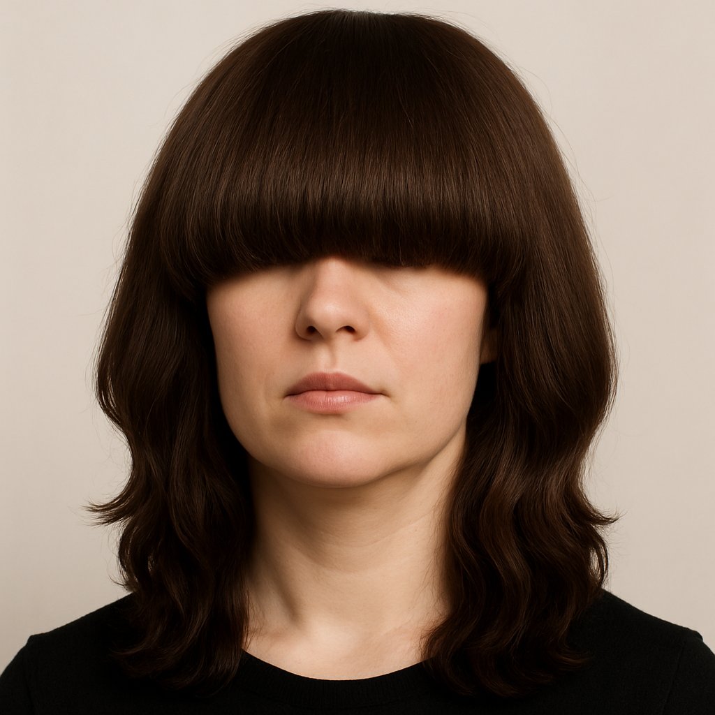 Woman with thick bangs covering her forehead and neck, showing how the hairstyle shortens the appearance of her neck.