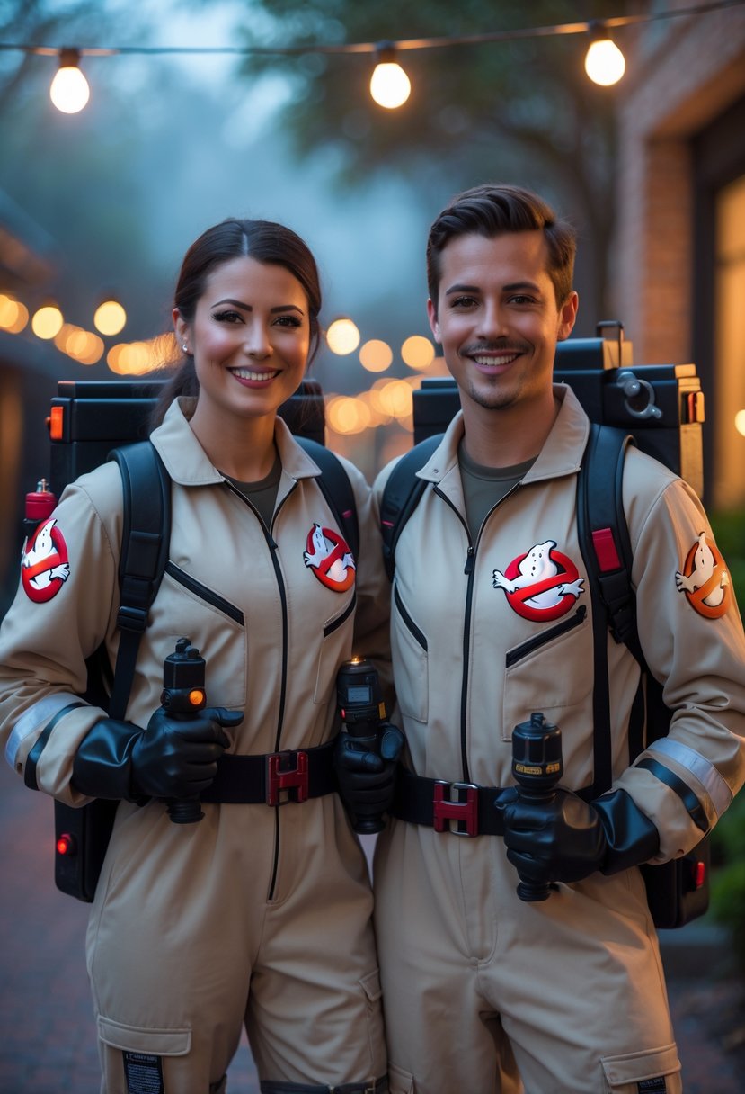 Two friends dressed as Ghostbusters in beige jumpsuits with proton packs, standing outdoors at dusk with Halloween lights and fog in the background.