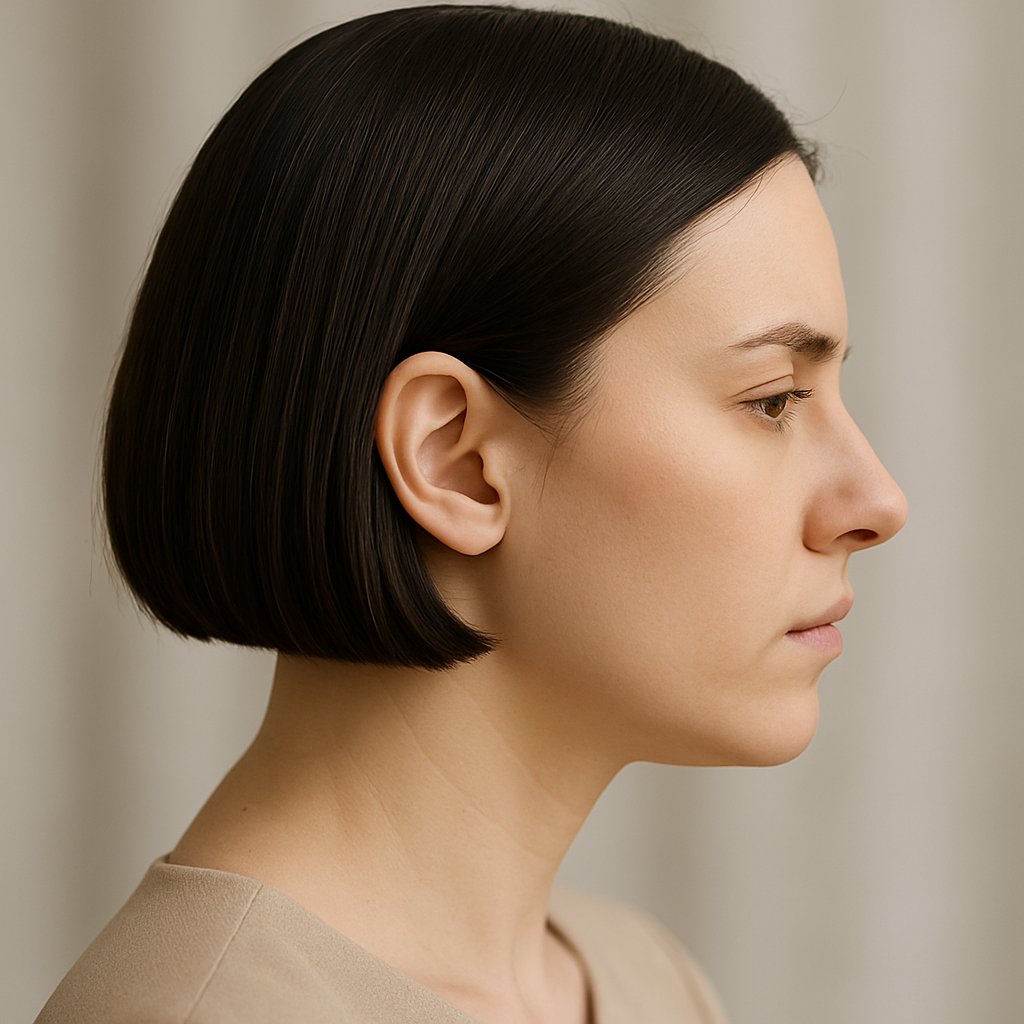 Close-up side profile of a woman with a flat center-parted hairstyle showing a compressed neck.