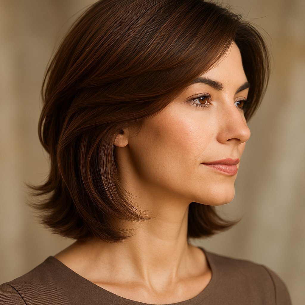 A woman with layered hair styled to make her neck appear longer, shown from the shoulders up with a blurred background.