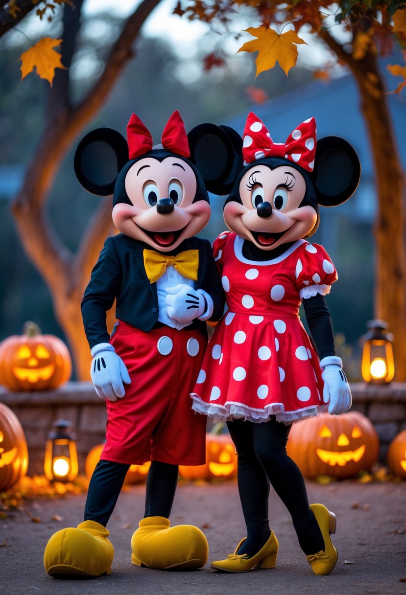 Two people dressed as Mickey Mouse and Minnie Mouse in Halloween costumes standing together smiling with pumpkins and autumn decorations around them.