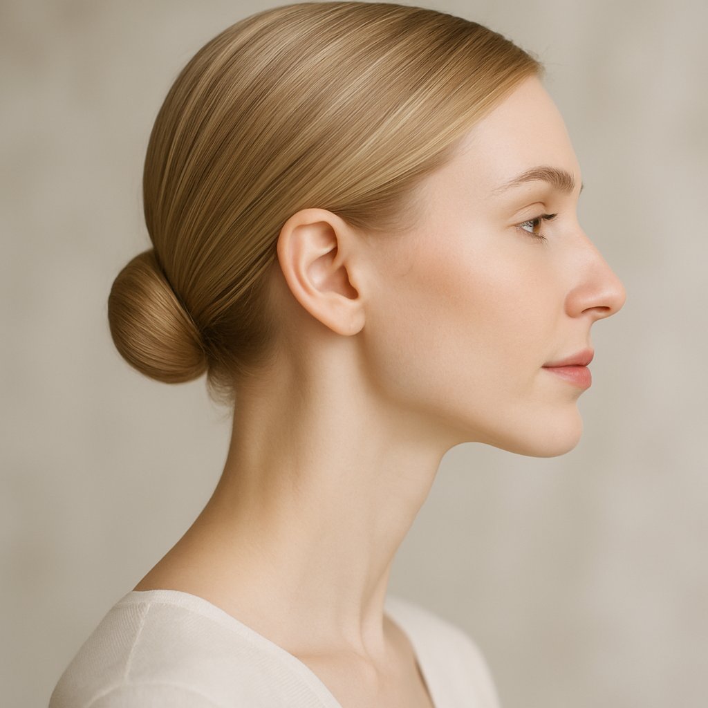 Close-up side profile of a woman with a long neck and light hairstyle, showing her neck clearly without bulky hair.