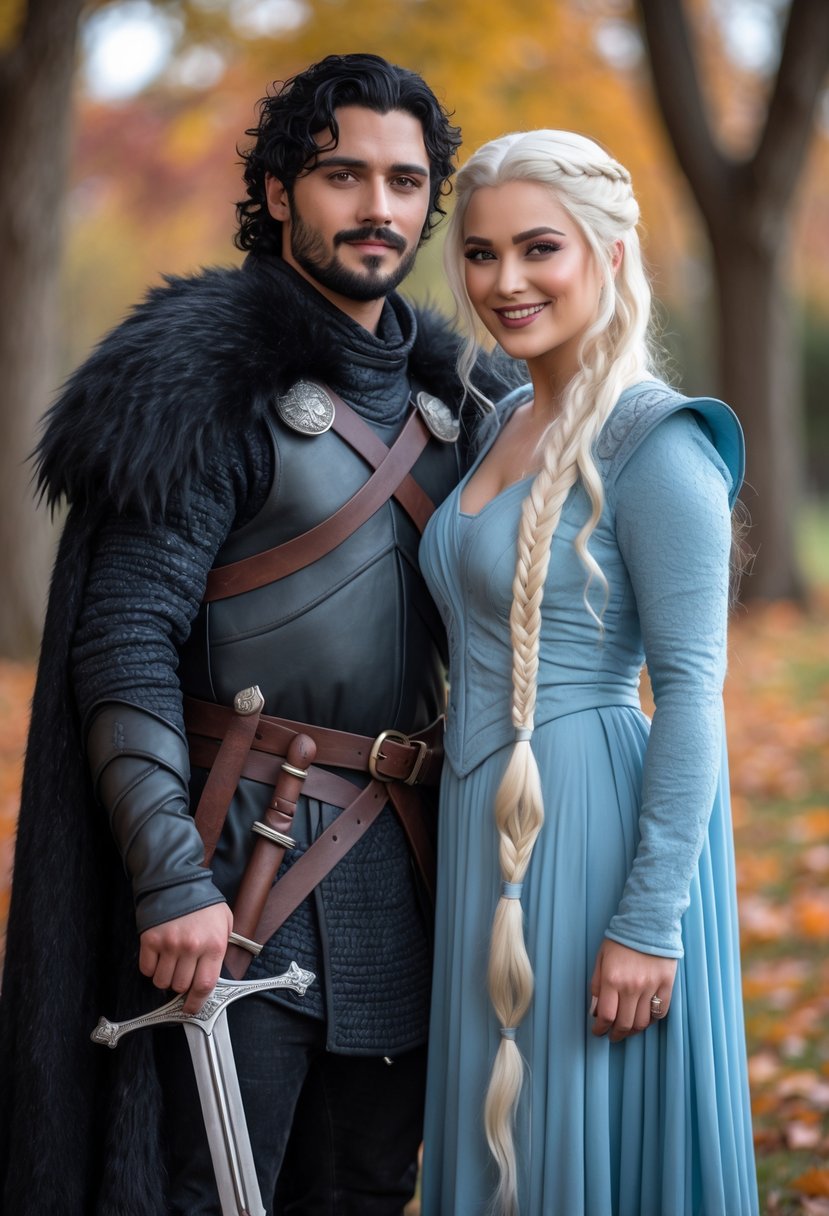 Two adults dressed as Jon Snow and Daenerys Targaryen standing together outdoors in Halloween costumes, smiling warmly with autumn leaves around them.