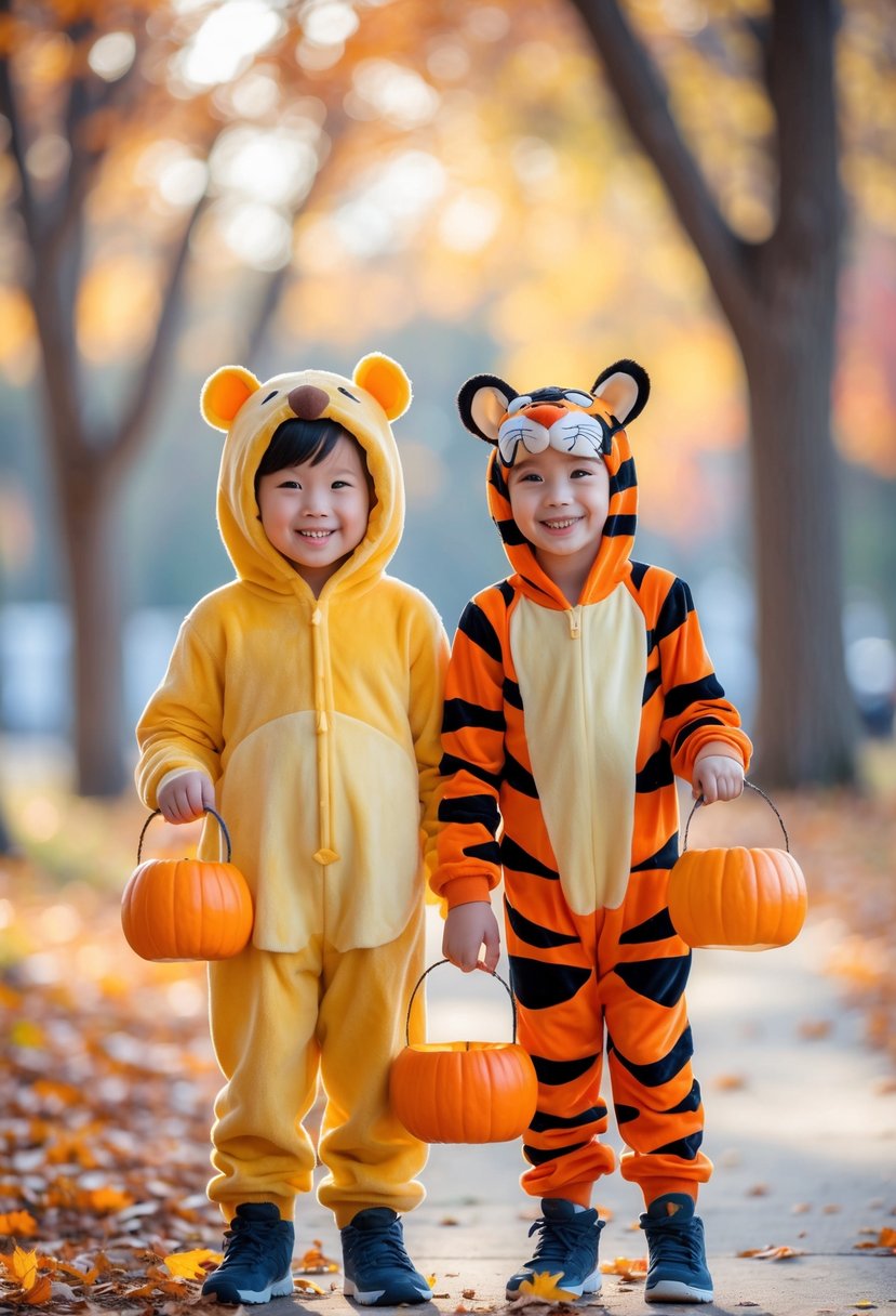 Two children dressed as Winnie the Pooh and Tigger stand together outdoors in autumn, holding pumpkin candy buckets and smiling.