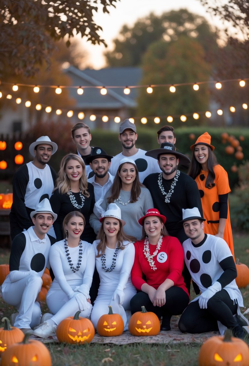 A group of 15 friends dressed in coordinated salt and pepper themed Halloween costumes, smiling and posing together outdoors with autumn decorations in the background.