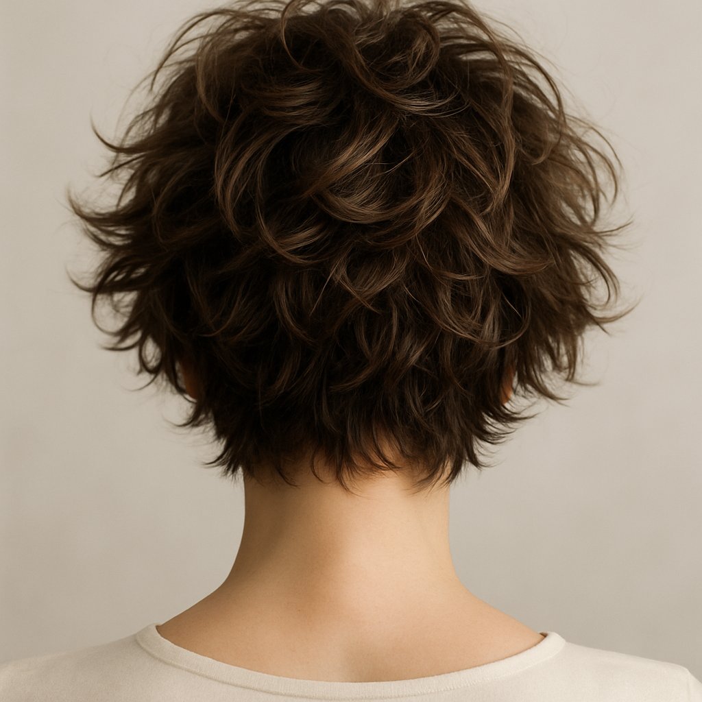 A woman seen from behind with layered, messy hair covering her neck.