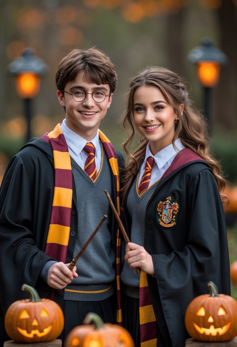 Two friends dressed as Harry Potter and Hermione Granger standing together with Halloween decorations in the background.