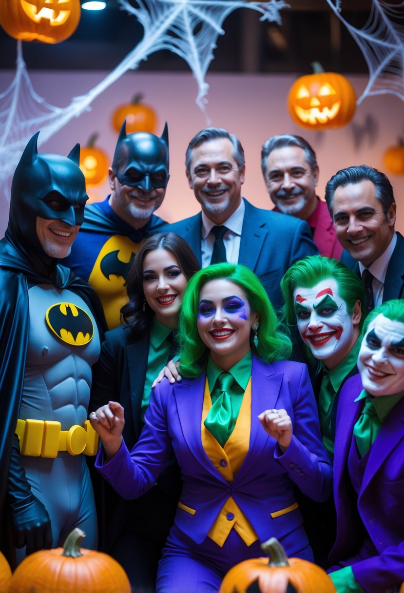 A group of 15 people dressed as Batman and Joker characters posing together at a Halloween party with festive decorations.