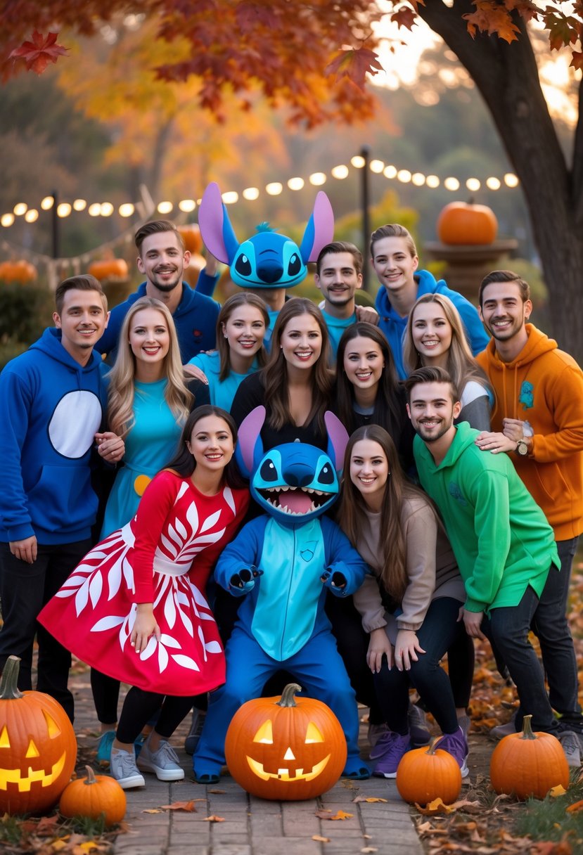 Fifteen friends dressed in colorful Halloween costumes inspired by Lilo and Stitch, posing together outdoors with autumn leaves and pumpkins.