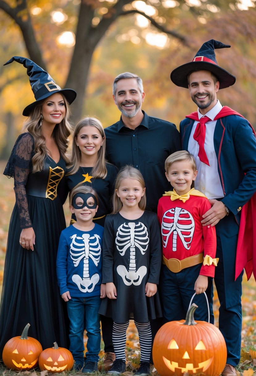 A family of five dressed in various Halloween costumes posing together outdoors with autumn leaves in the background.