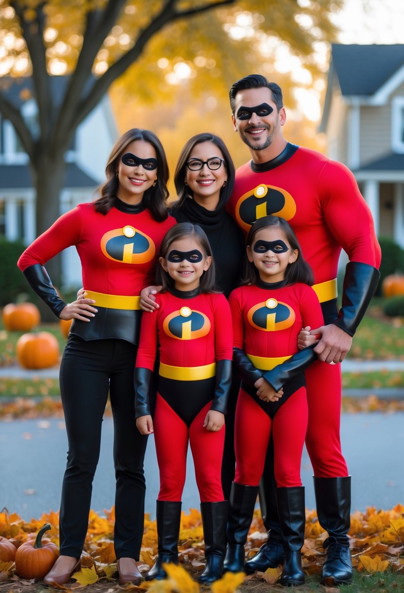 A family of five dressed as The Incredibles superheroes standing together outdoors during Halloween.