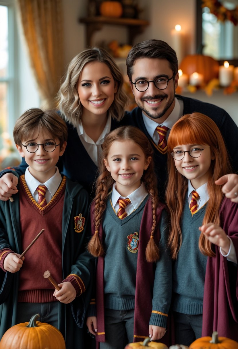 A family of five dressed as Harry Potter characters posing together indoors with Halloween decorations.
