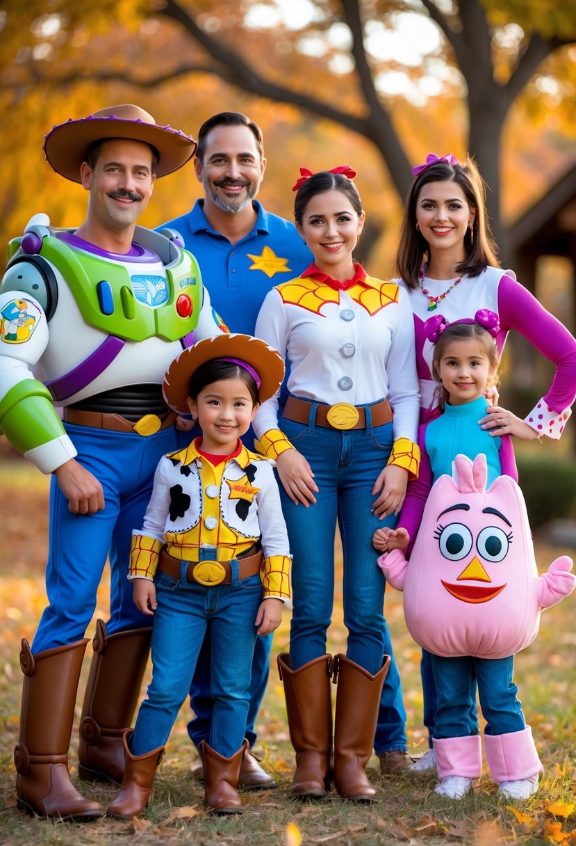 Five people dressed in Toy Story themed Halloween costumes standing together outdoors with autumn leaves in the background.