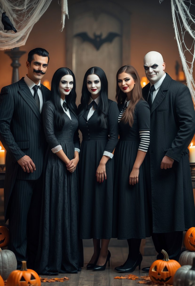 Five people dressed as characters from The Addams Family posing together in Halloween costumes in a spooky setting.