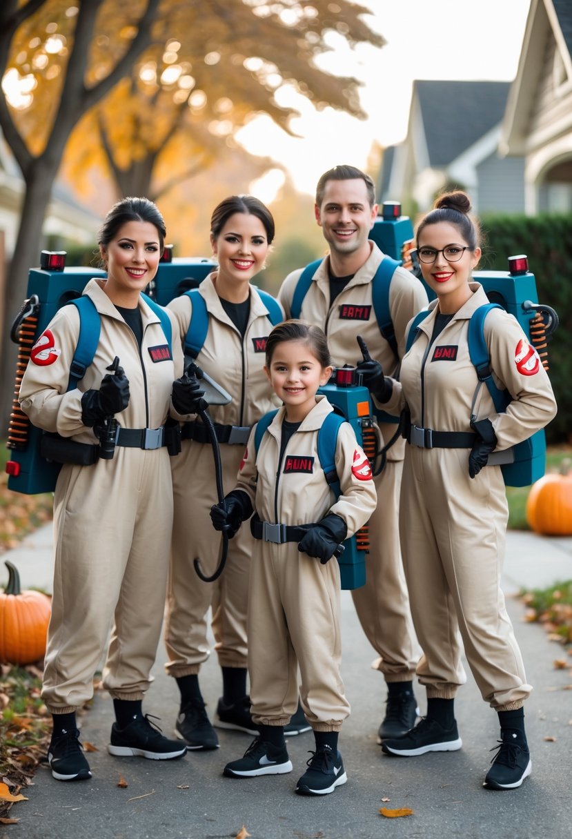 Five people dressed as Ghostbusters in Halloween costumes standing together outdoors with autumn leaves and pumpkins around them.