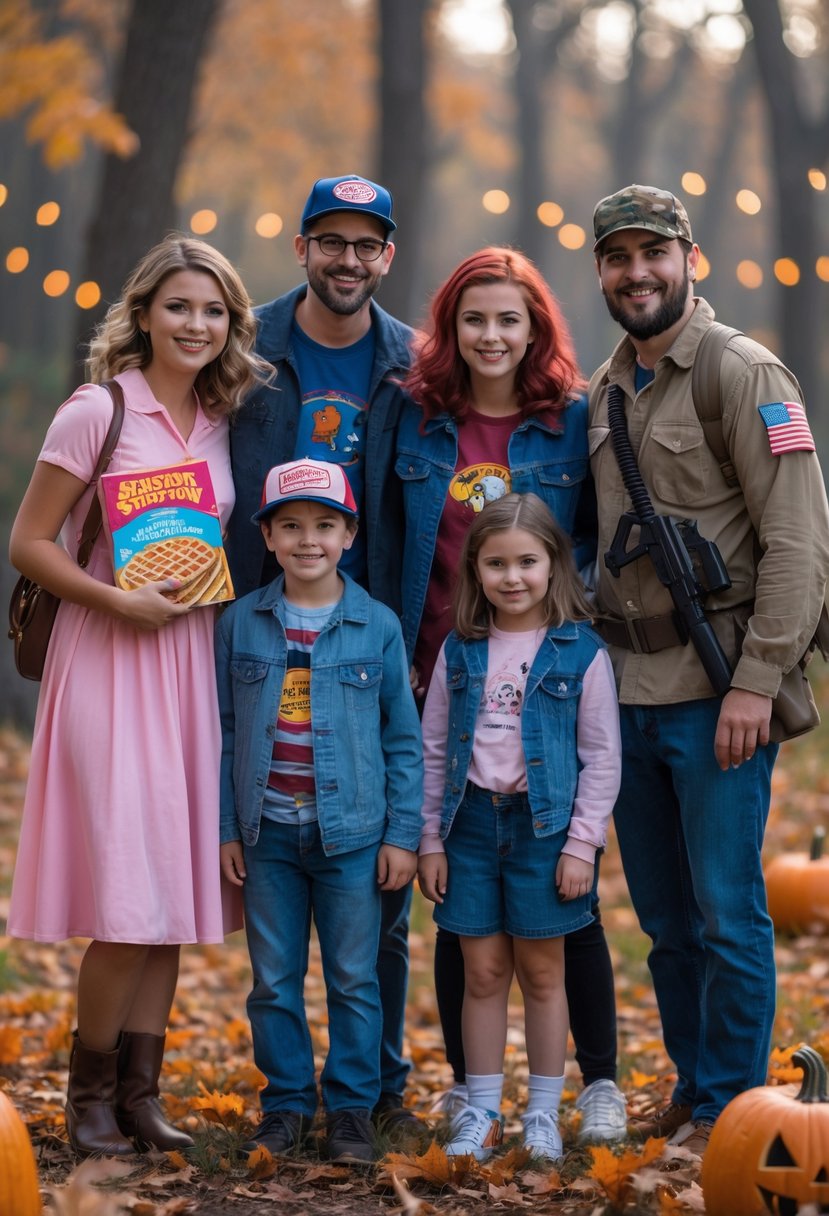 A group of five people dressed in family-themed Stranger Things Halloween costumes standing together outdoors with autumn leaves and Halloween decorations.
