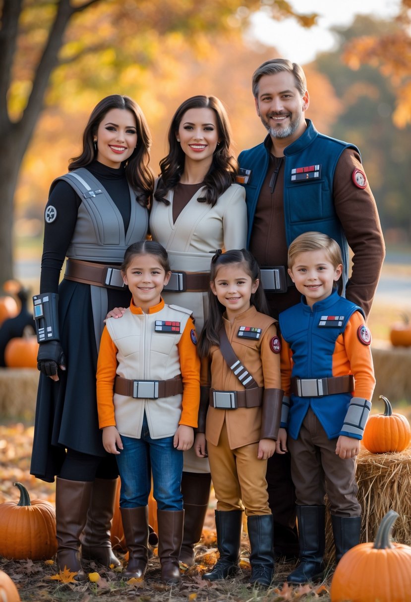A family of five dressed in Star Wars Rebels Halloween costumes posing outdoors with autumn decorations.