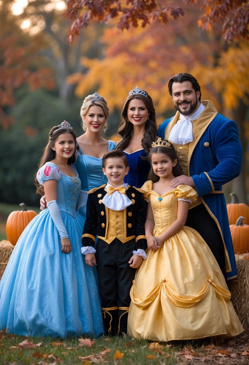 A family of five dressed as classic Disney princesses and princes posing outdoors with fall leaves and pumpkins.