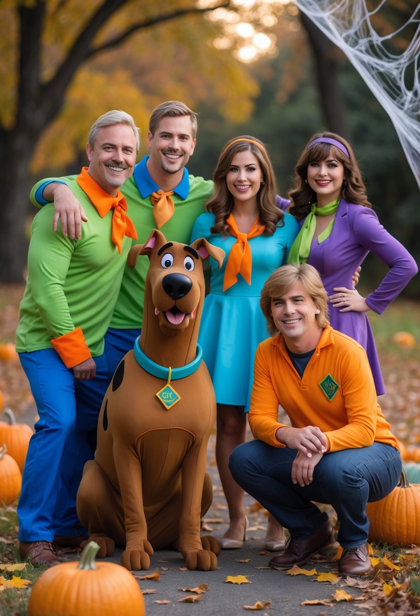 Five people dressed as Scooby-Doo Mystery Gang characters posing together outdoors during Halloween.
