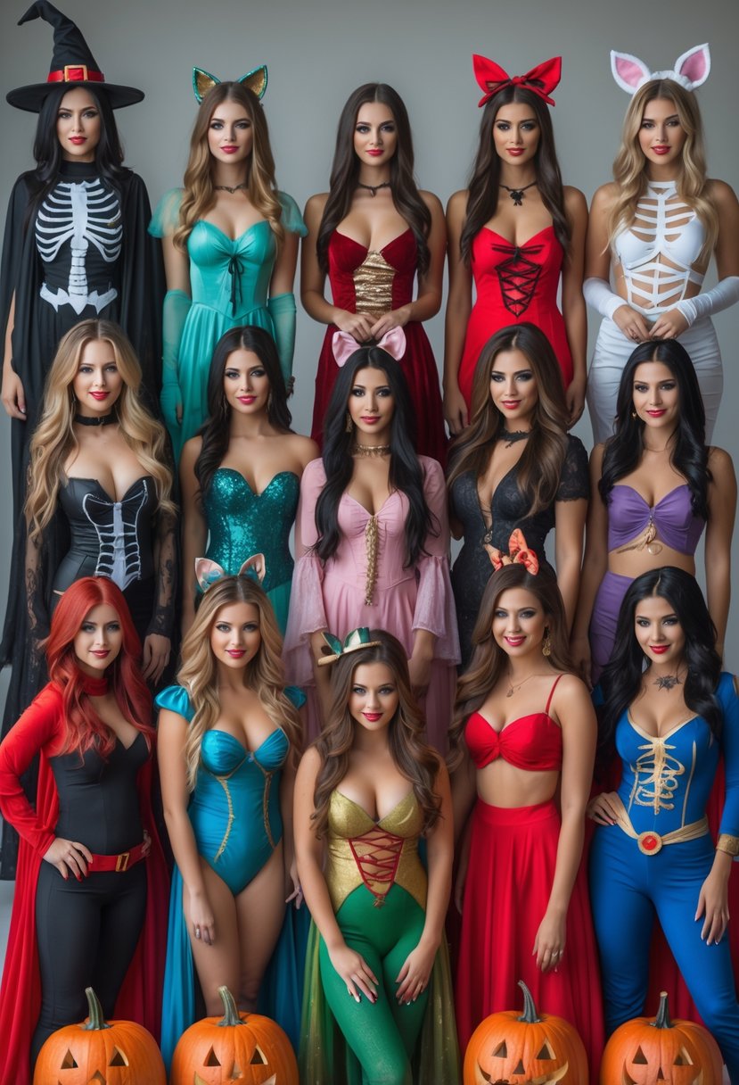 Twenty women each wearing different Halloween costumes posing individually against a plain background.