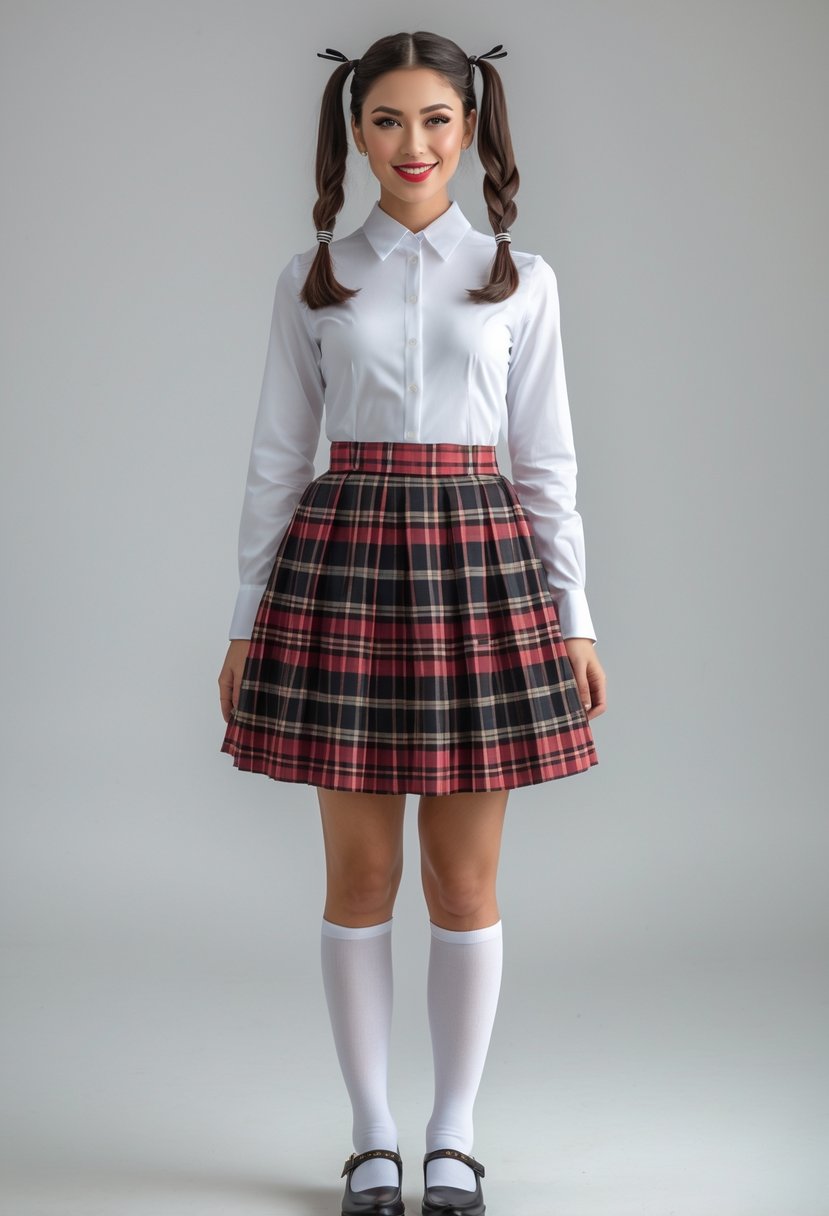 A woman wearing a classic school girl costume with a white shirt, plaid skirt, and knee-high socks standing against a plain background.