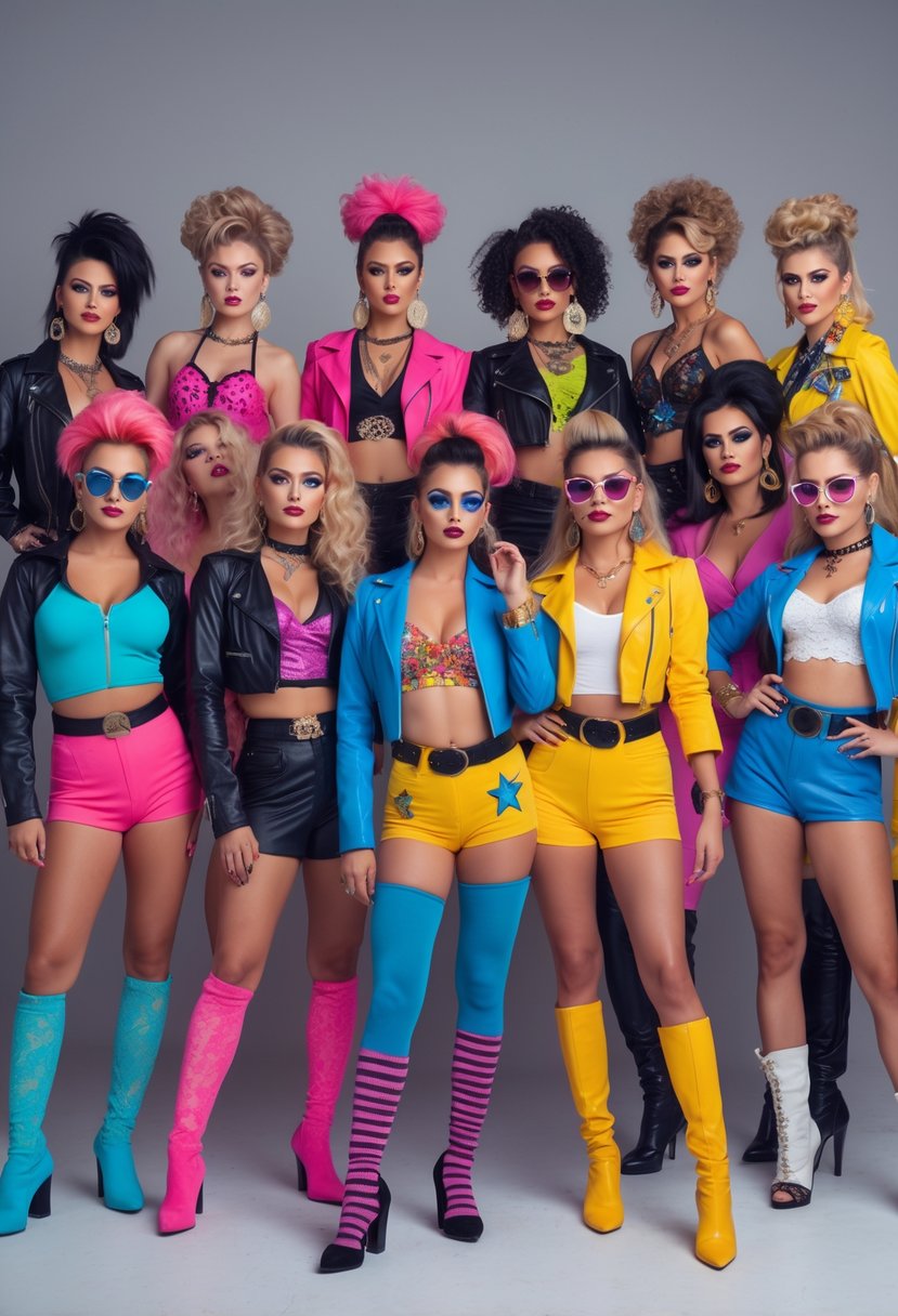A group of twenty women each wearing different 1980s pop star inspired Halloween costumes posed together in a studio.