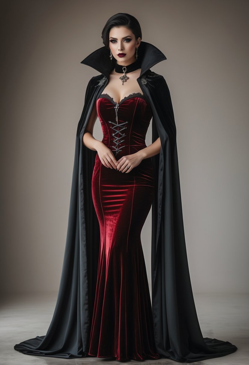 A woman wearing an elegant vampire costume with a black cape and dark red dress, standing alone against a neutral background.