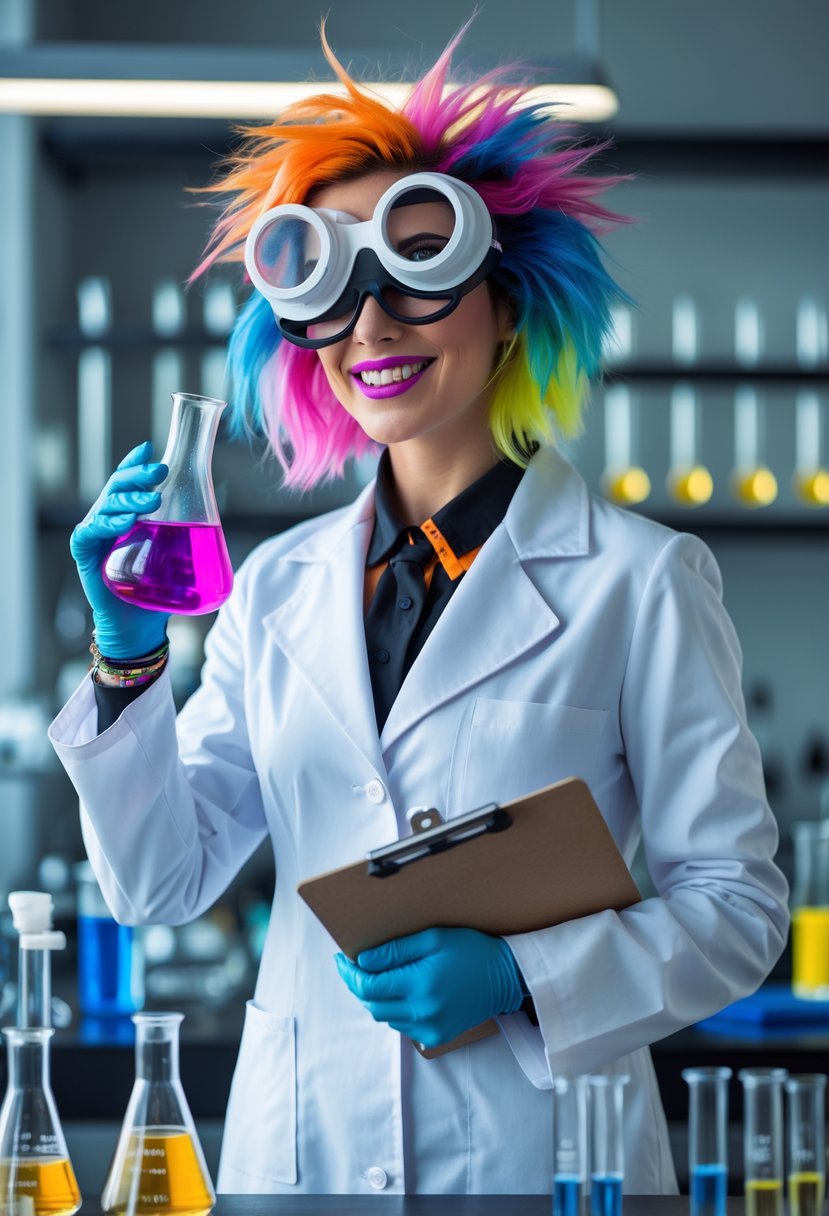 A woman dressed as a mad scientist in a white lab coat stands in a laboratory holding a bubbling flask and a clipboard.