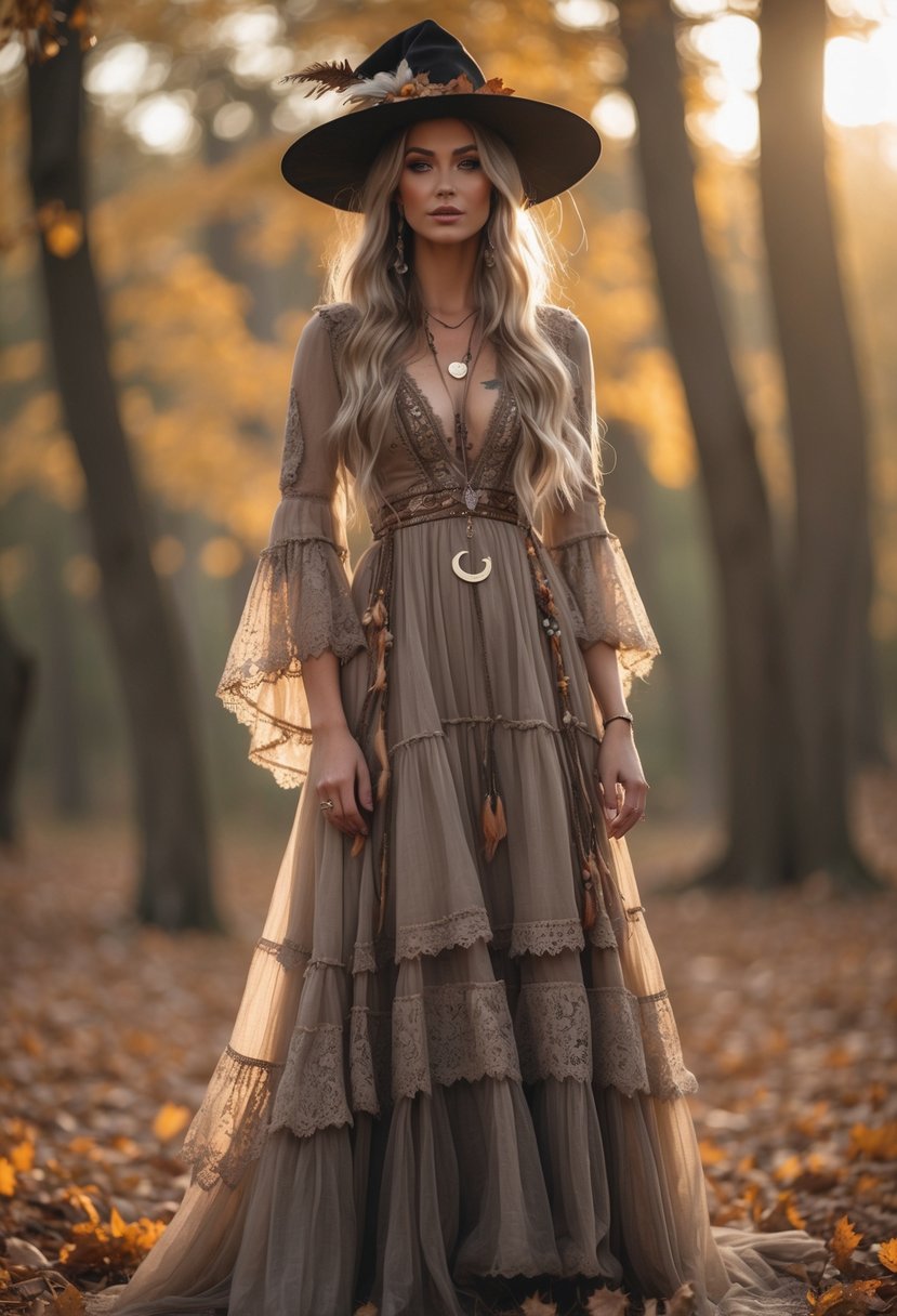A woman standing alone in an autumn forest wearing a flowing dress and a wide-brimmed hat, surrounded by fallen leaves.