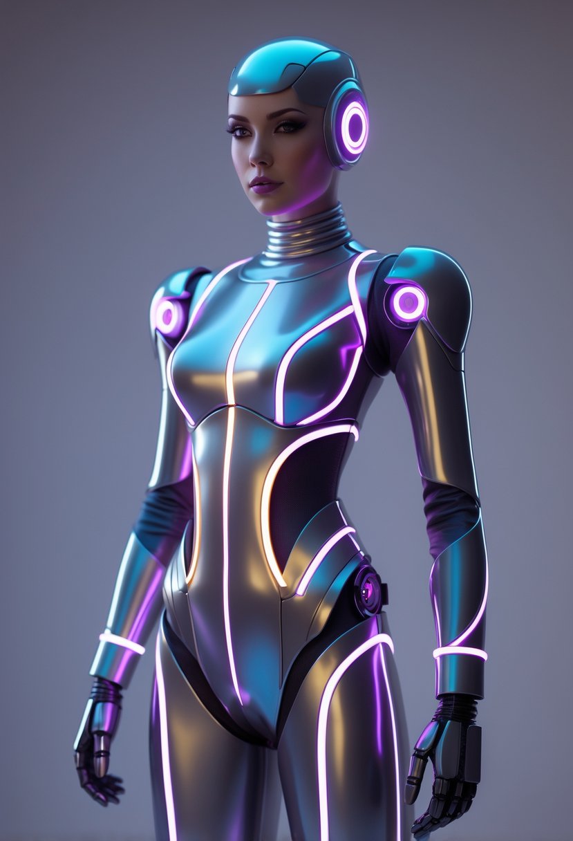 A futuristic robot with glowing LED lights standing alone, styled as a Halloween costume for women.