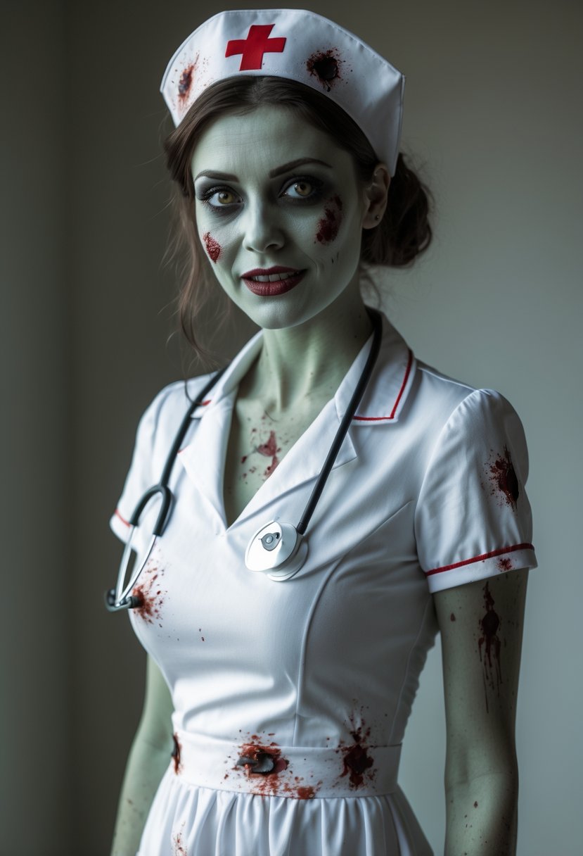 A woman dressed as a zombie nurse with fake blood on her costume and pale, undead makeup standing against a plain background.