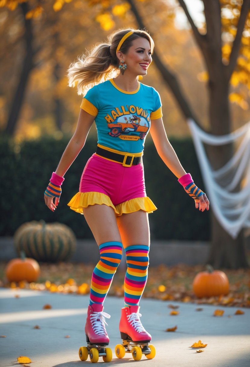 A woman roller skating outdoors wearing a colorful retro Halloween costume with autumn leaves and pumpkins in the background.