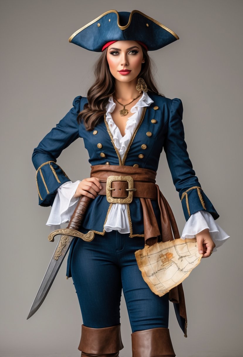 A woman dressed as a pirate captain wearing a tricorn hat, holding a cutlass and a treasure map, standing alone.
